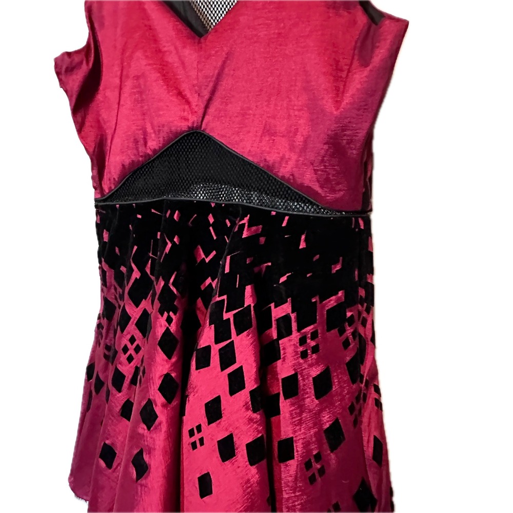 Harley Quinn Cosplay Dress L Burgundy Red Black Diamond Flocked Mesh Fit Flare